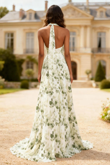 Dusty Sage Floral Strapless A Line Prom Dress